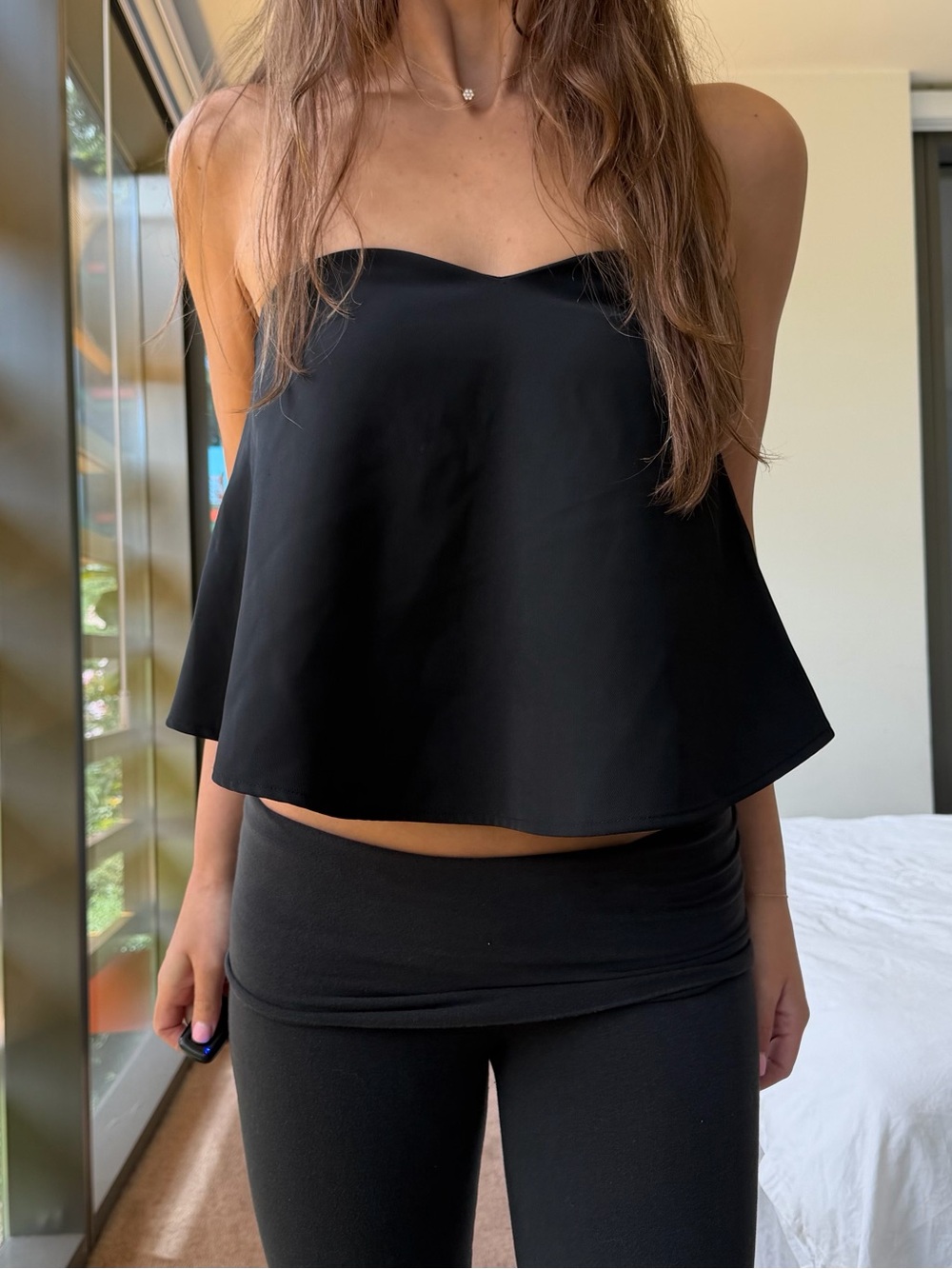 Open Edit Black Strapless Flowy Top with Built in Bra